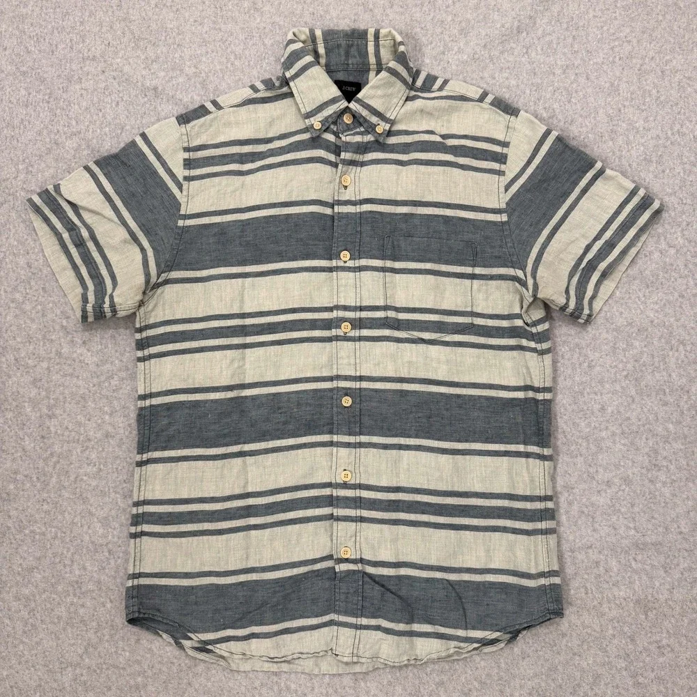 J. Crew Shirt Mens Small Grey Striped 100% Linen Button Down Short Sleeve
